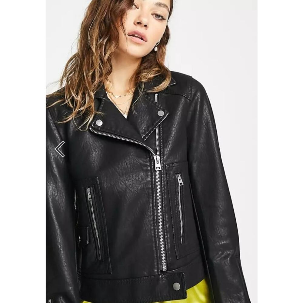 Topshop Crop Faux Leather Biker Jacket US Size 6 Black NWT Moto Silver Zippers